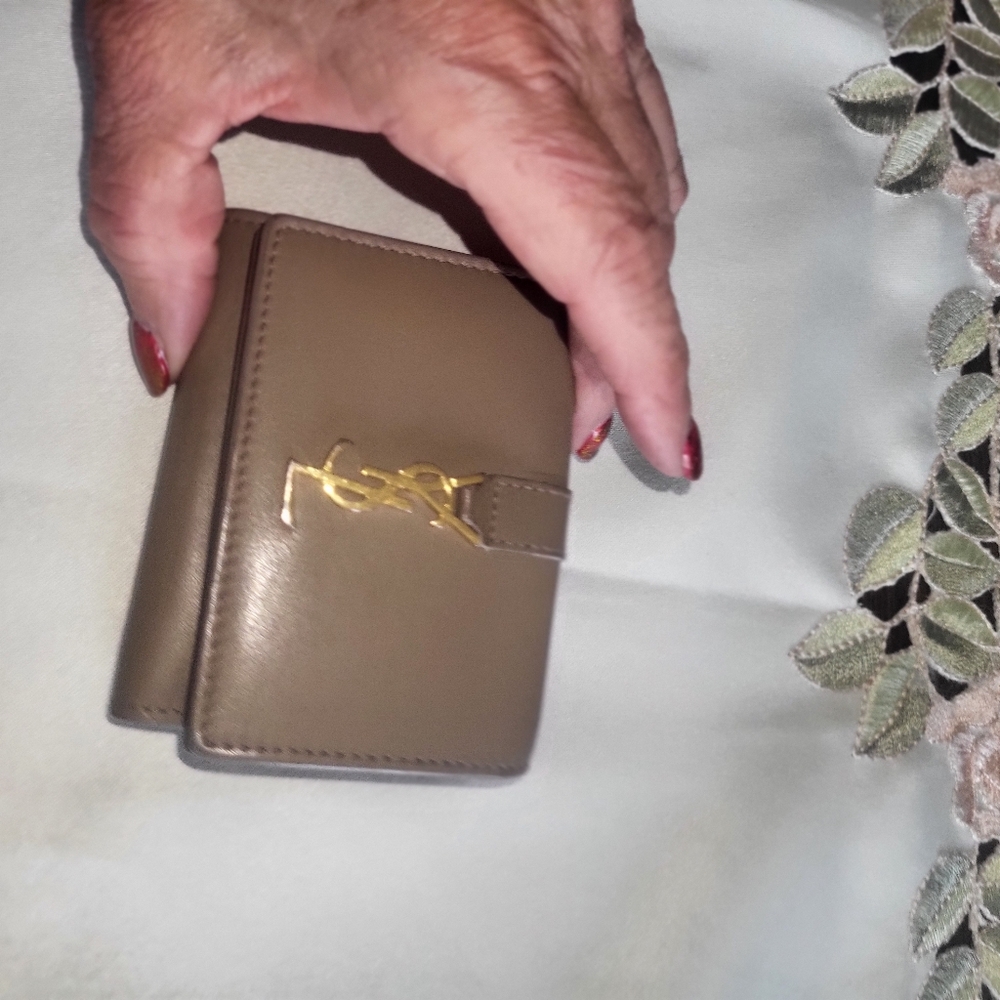 Yves Saint Laurent Taupe Leather Wallet with Gold Logo - Picture 2 of 7